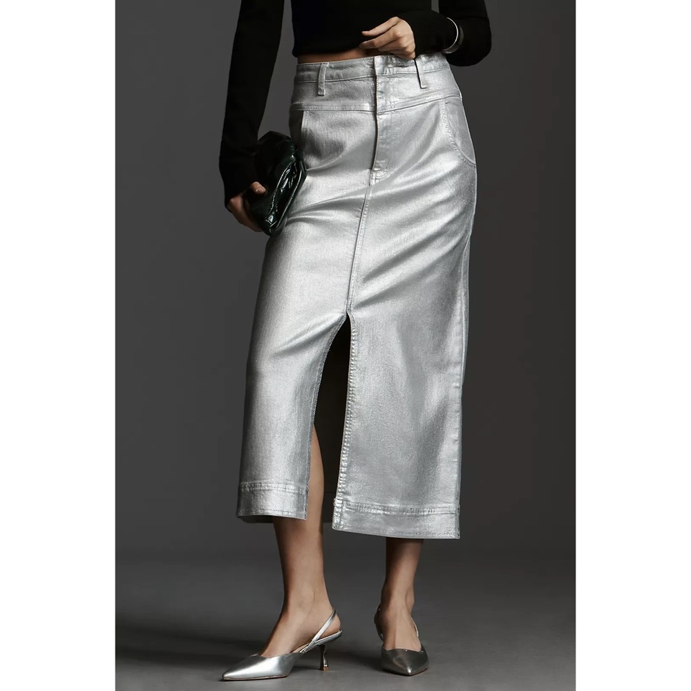 Anthropology- Pilcro Metallic Silver Midi Skirt with Front Slit